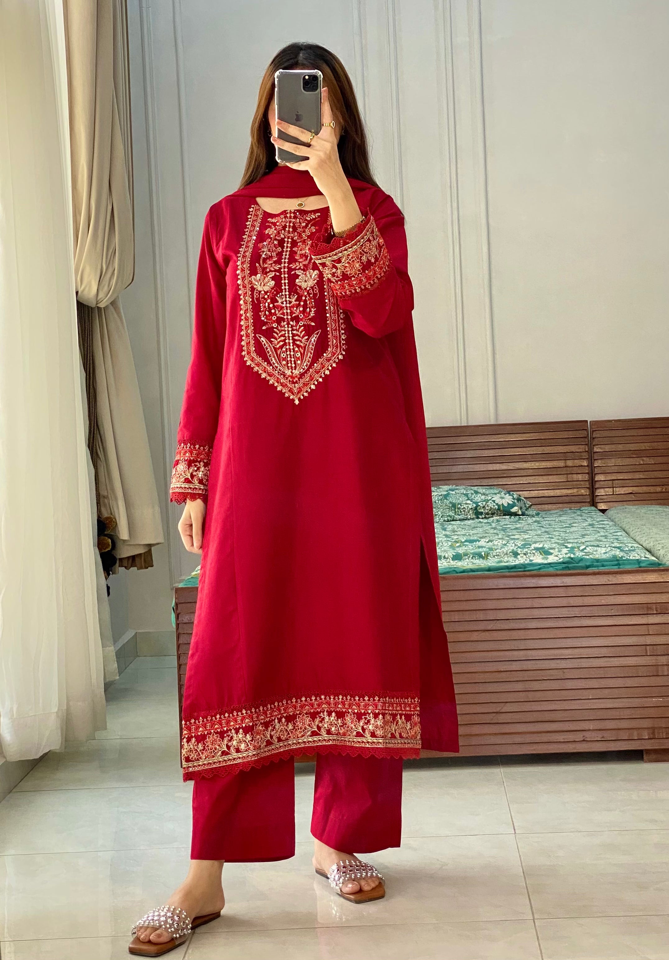 3 Piece - Red Embroidered Dress