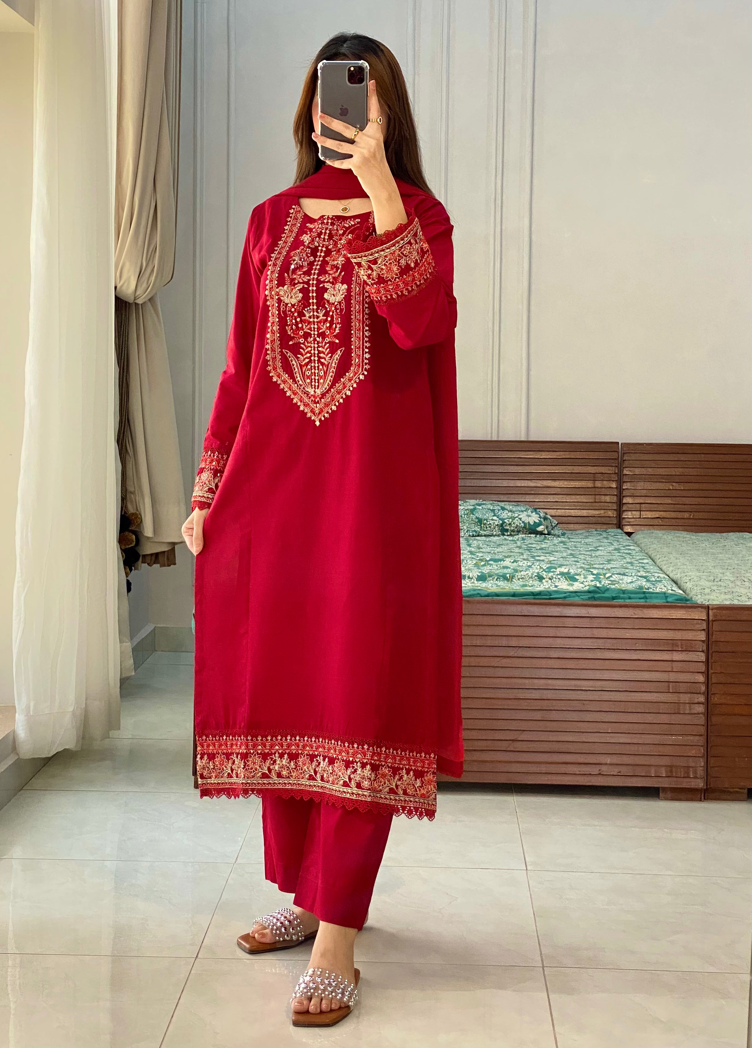 3 Piece - Red Embroidered Dress