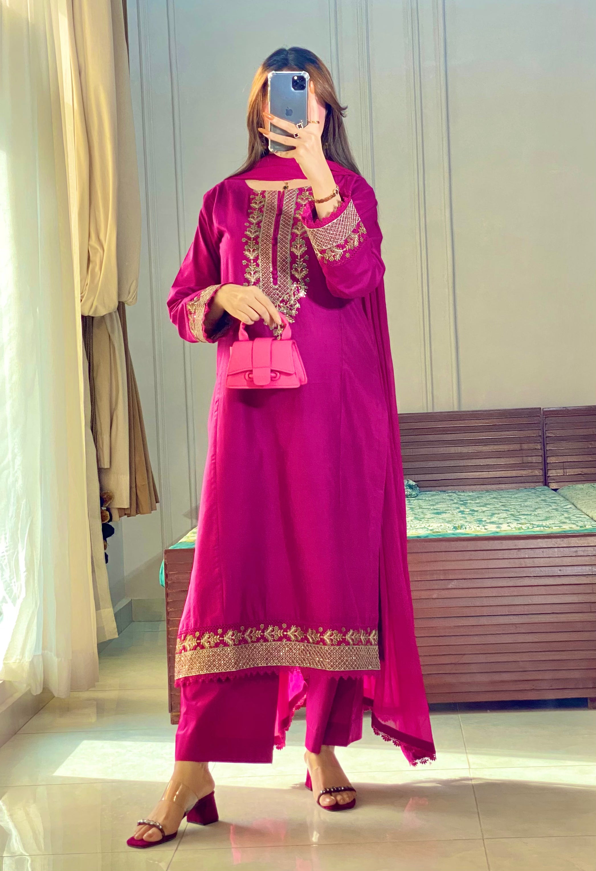 3 Piece - Magenta Embroidered Dress