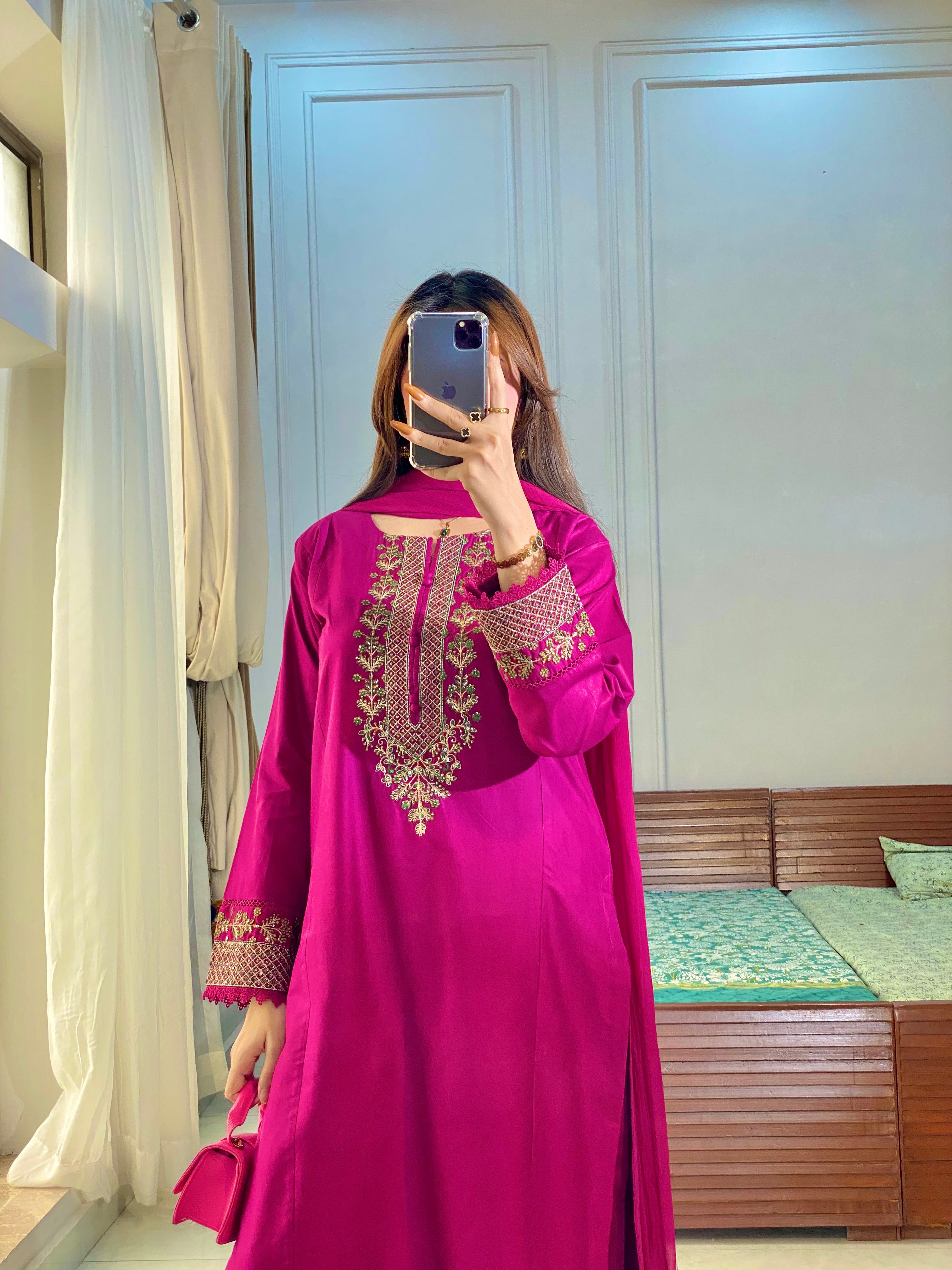 3 Piece - Magenta Embroidered Dress