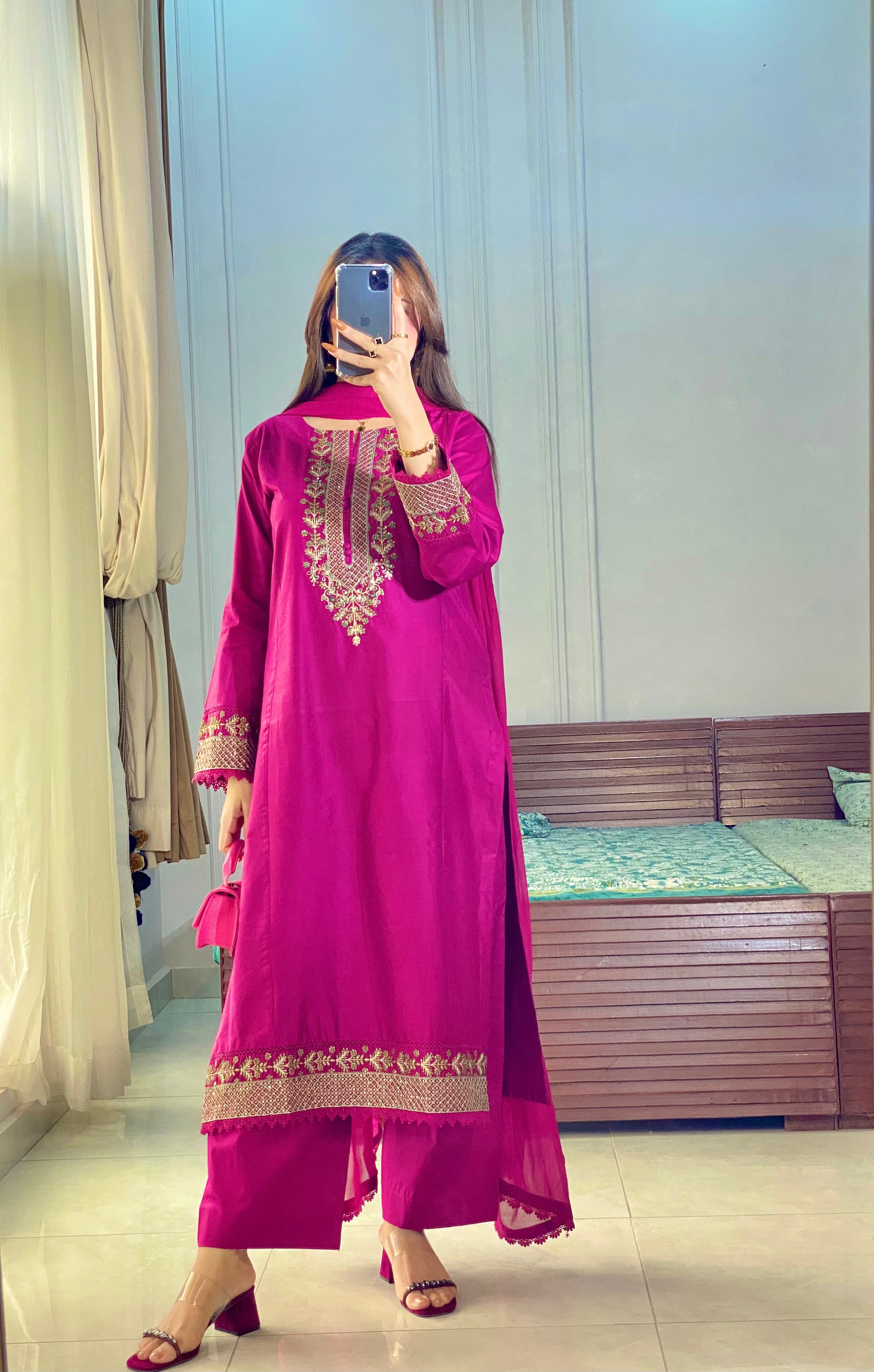 3 Piece - Magenta Embroidered Dress