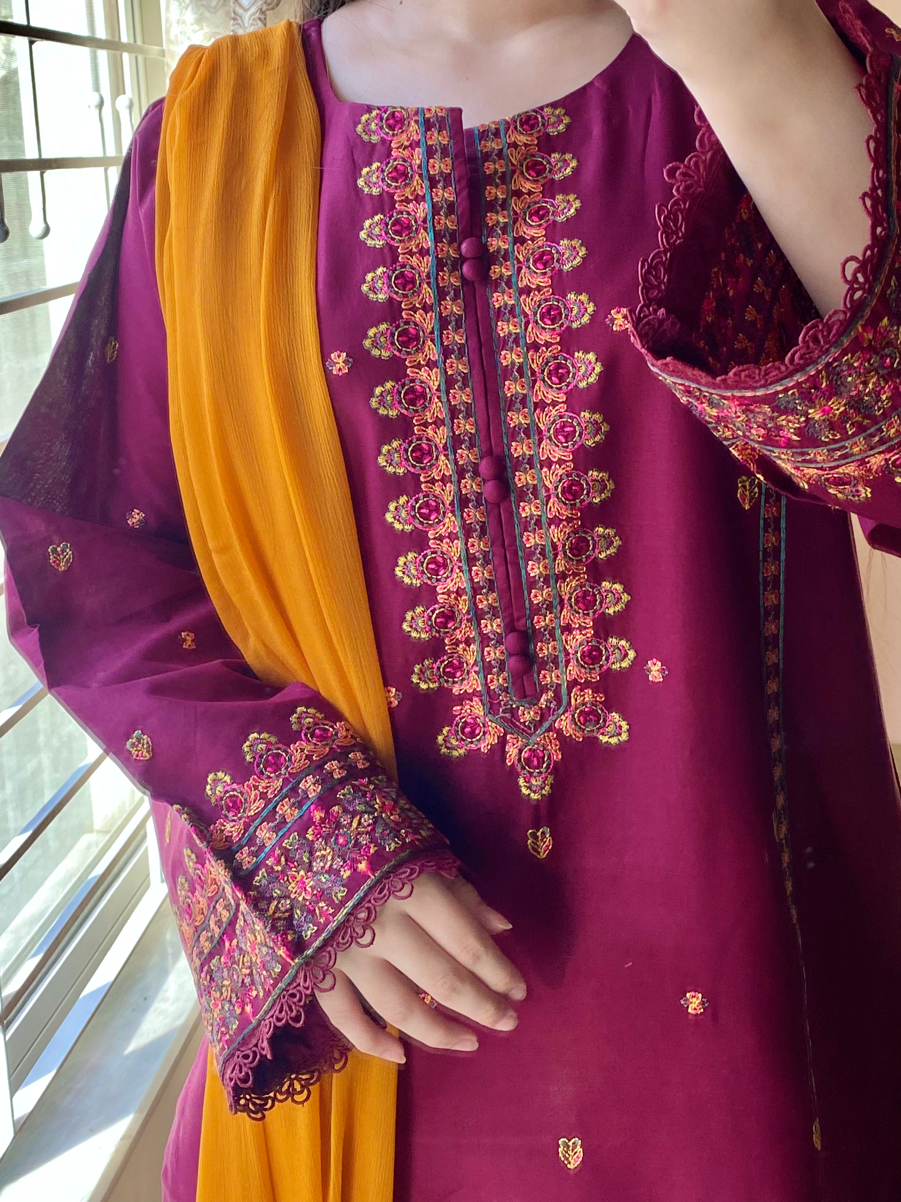 3 Piece - Carmine Embroidered Dress