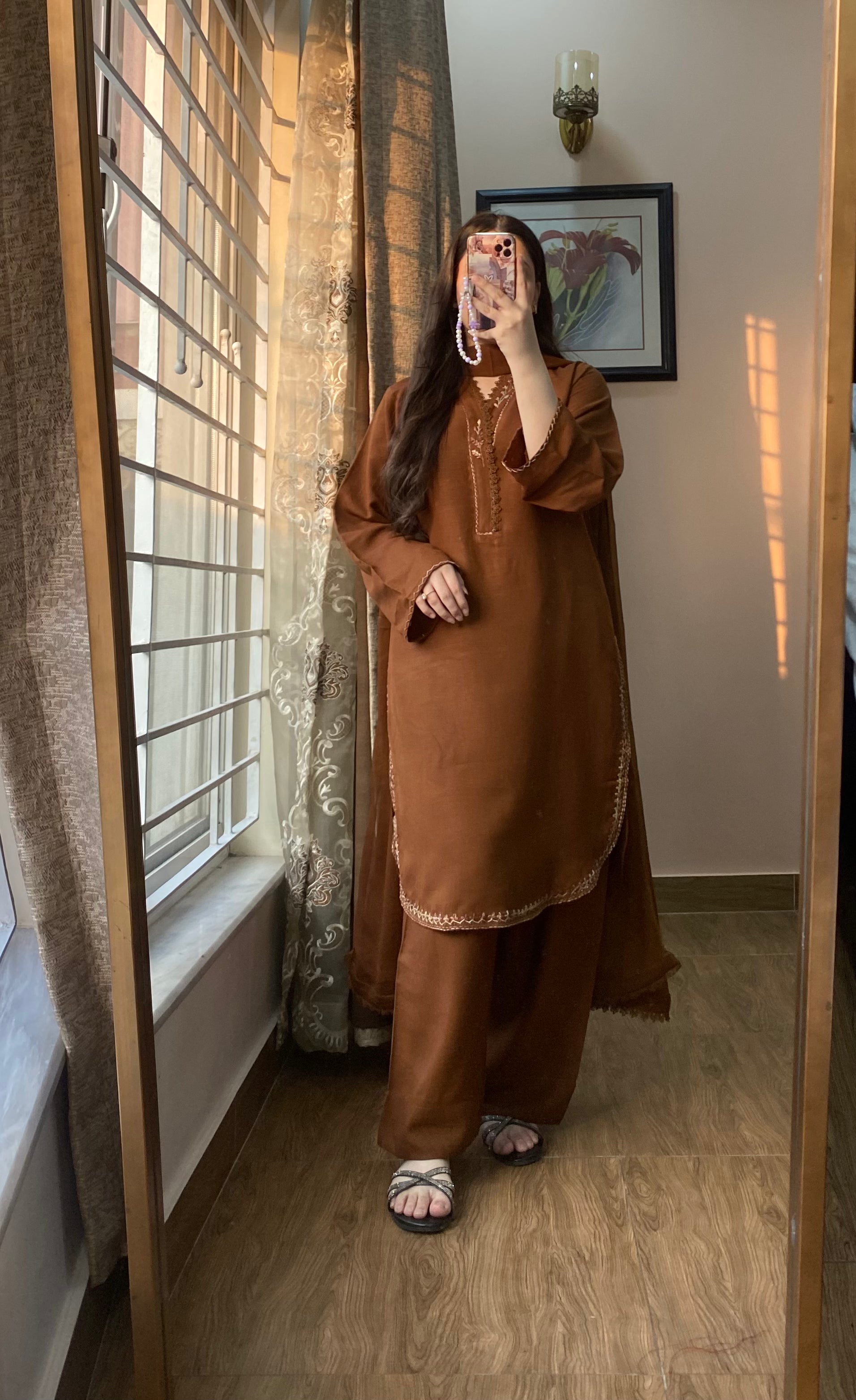 3 PIECE – Brown Silk Karandi Dress