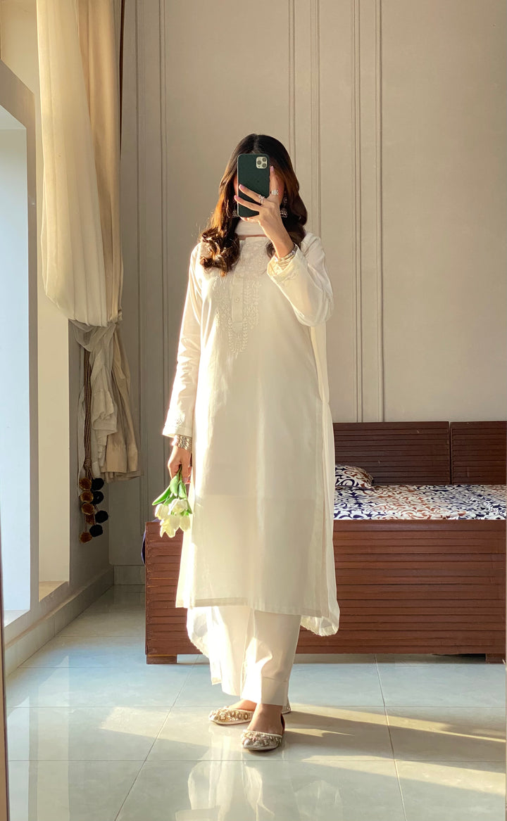 3 Piece - White Embroidered Dress