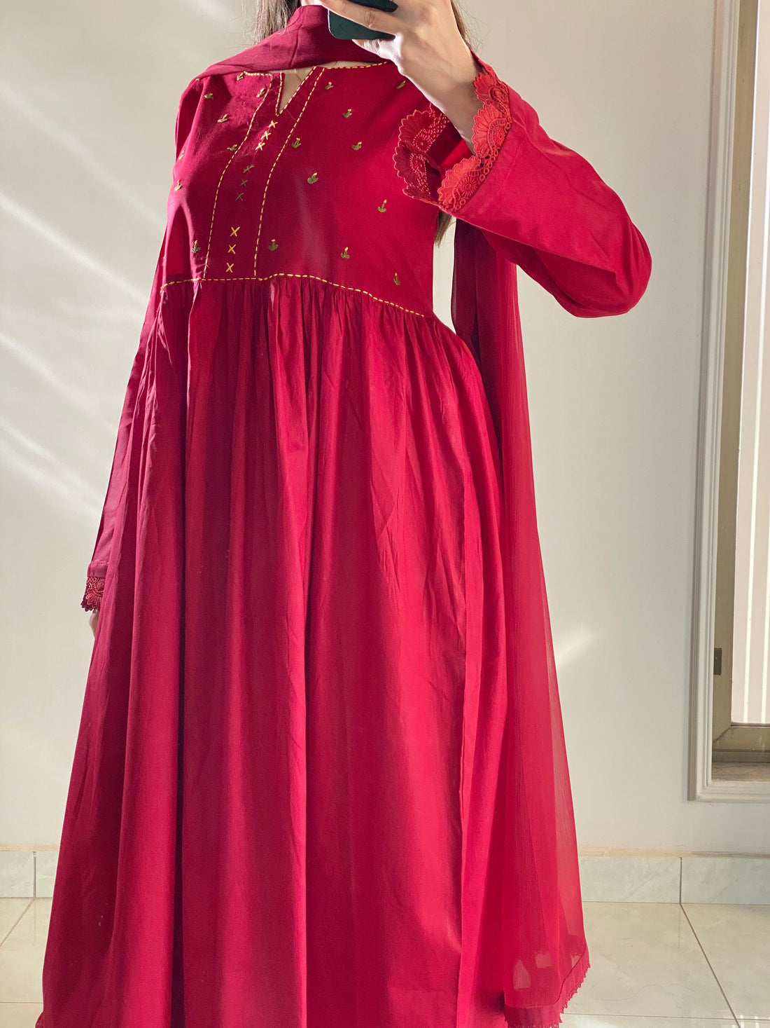 3 Piece -Maroon Embroidered Frock