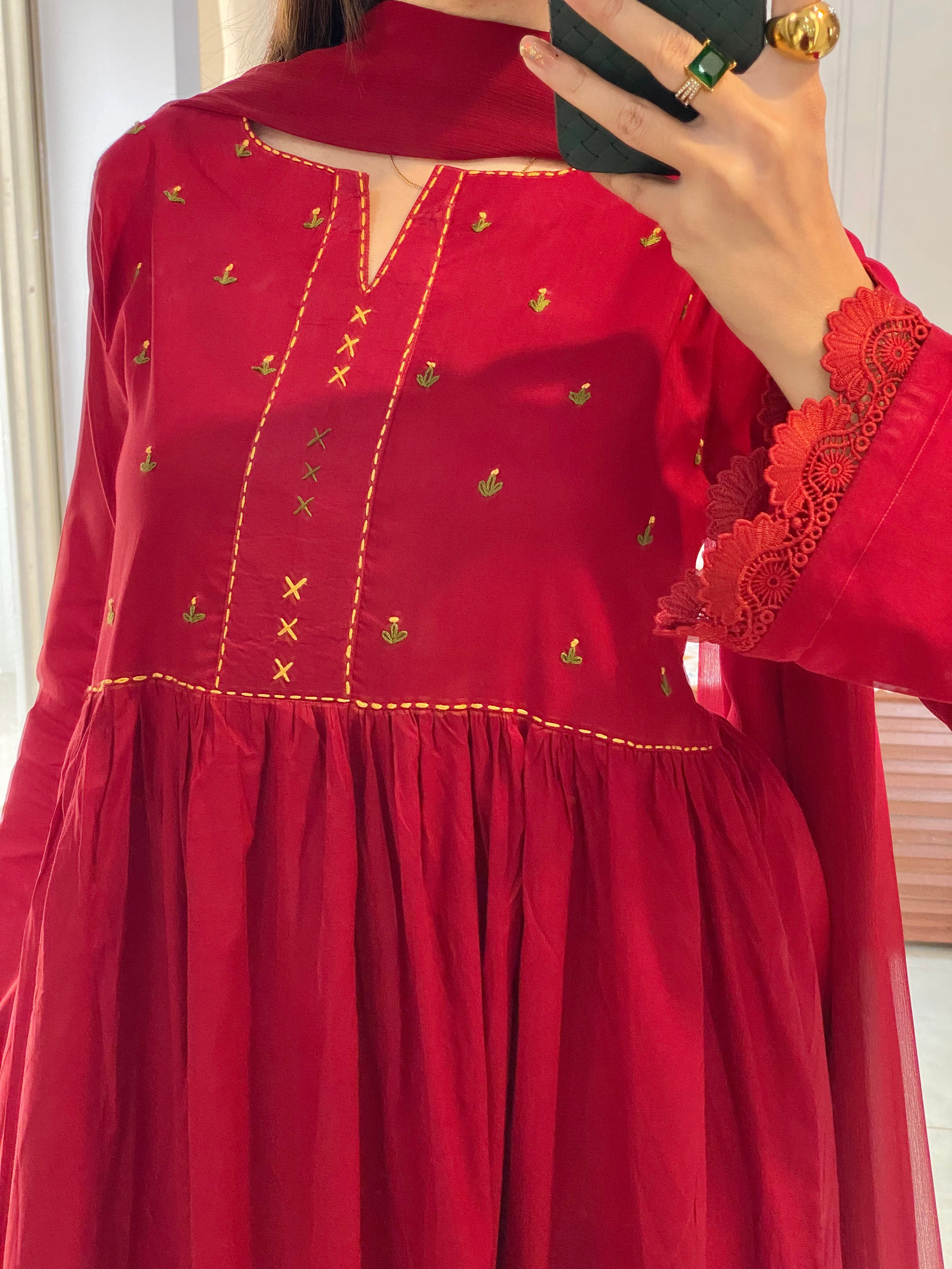 3 Piece -Maroon Embroidered Frock