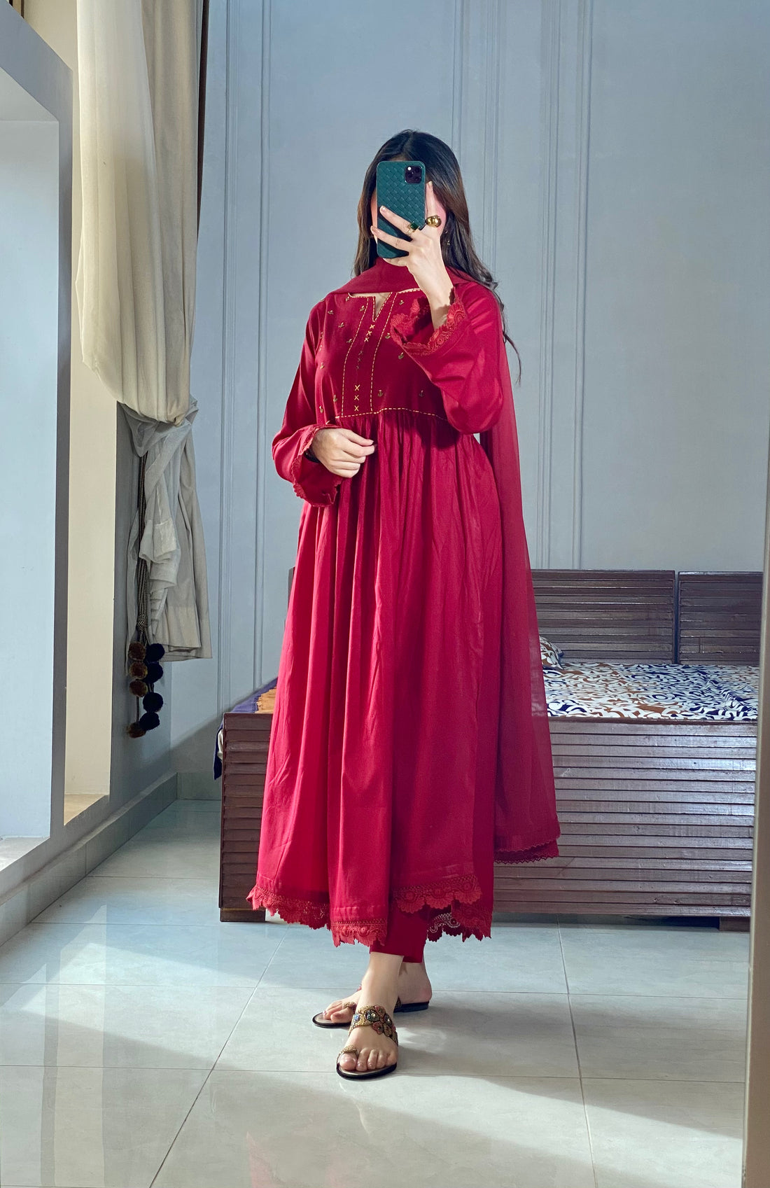 3 Piece -Maroon Embroidered Frock