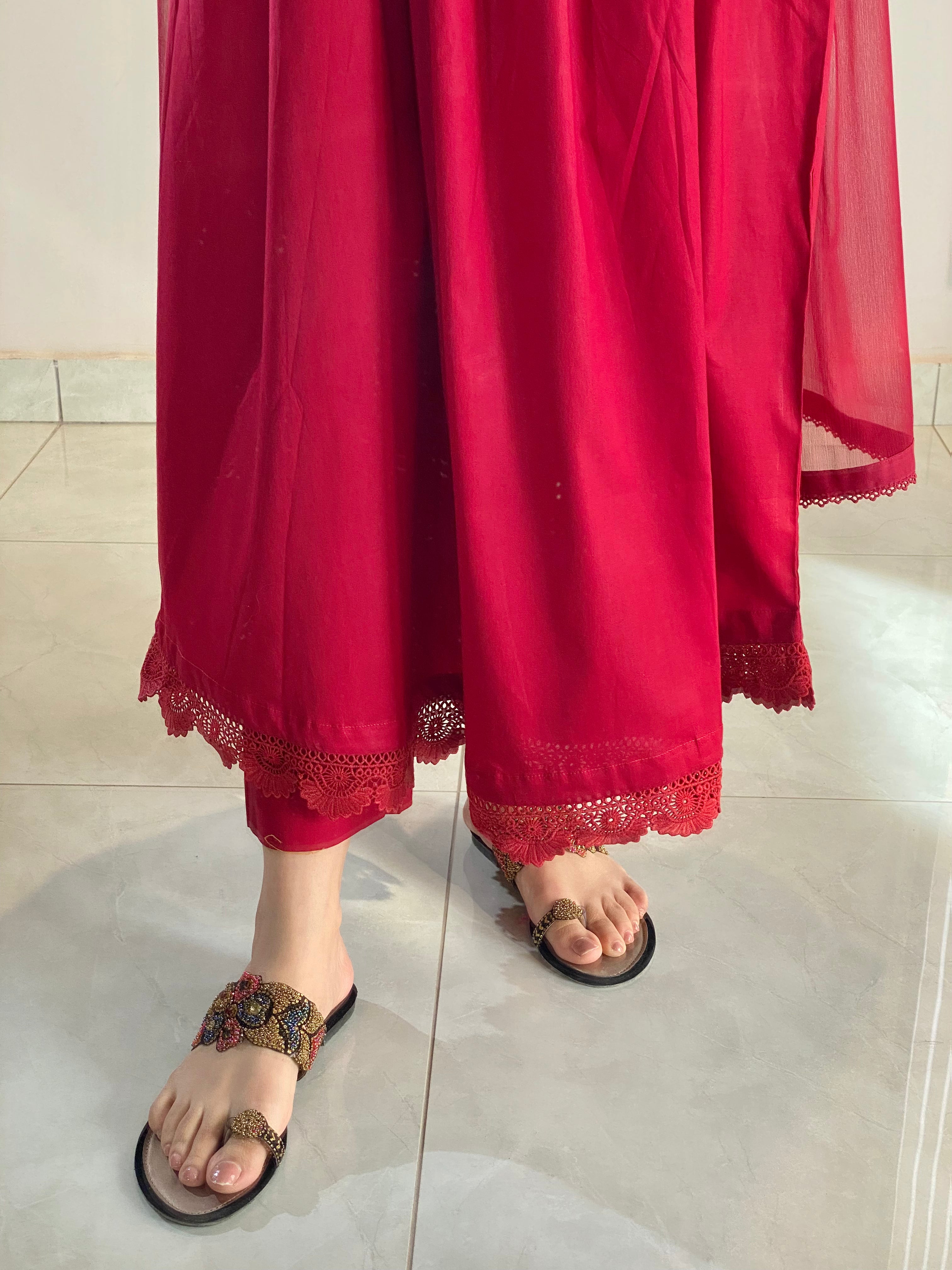 3 Piece -Maroon Embroidered Frock