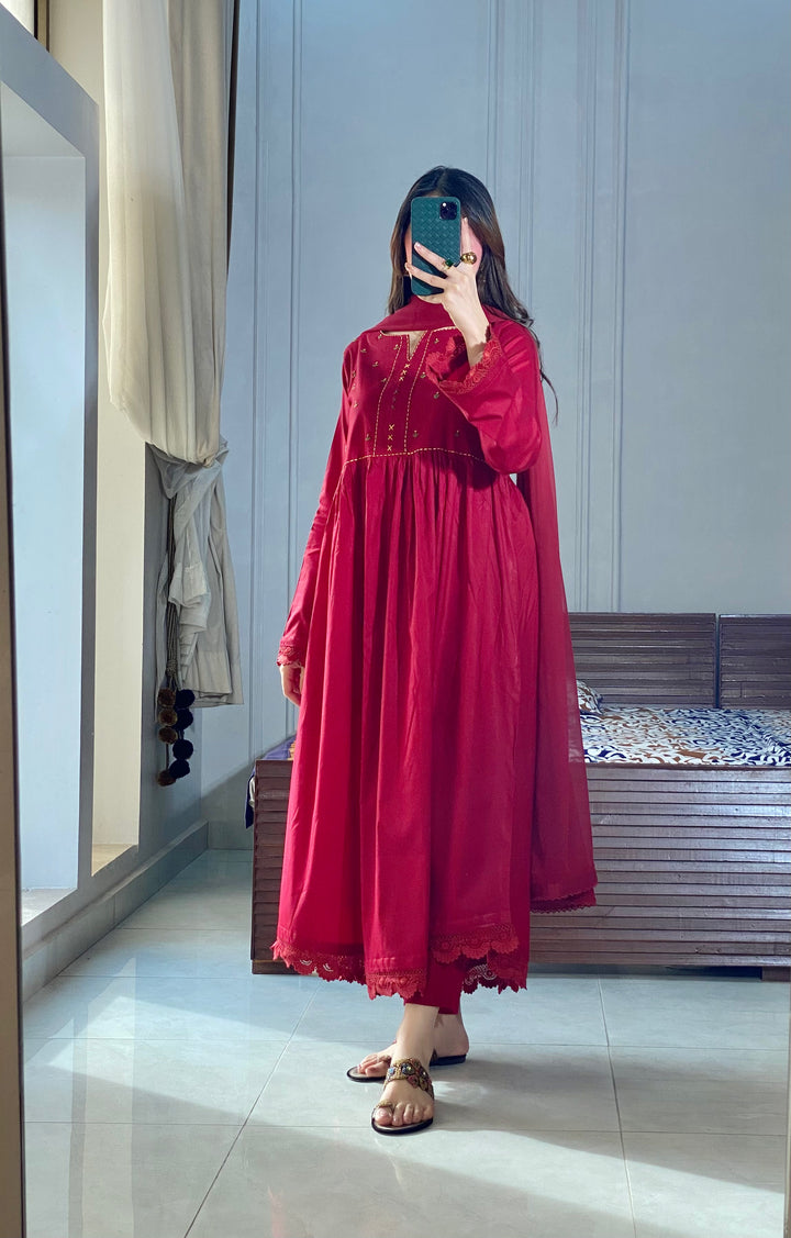 3 Piece -Maroon Embroidered Frock
