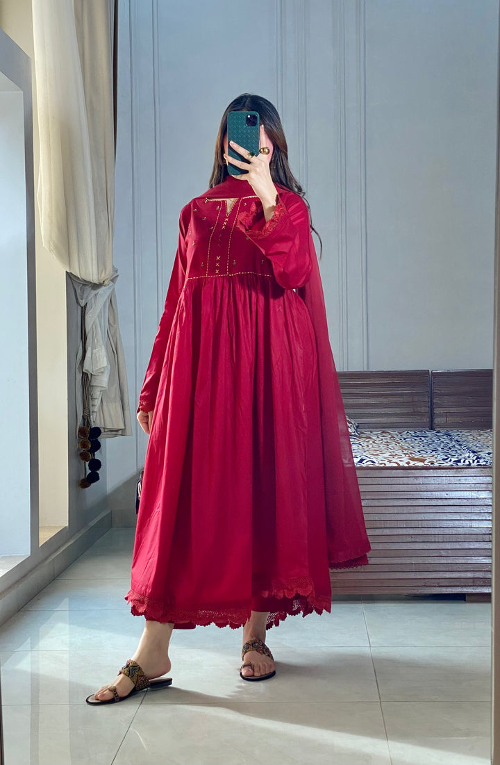 3 Piece -Maroon Embroidered Frock