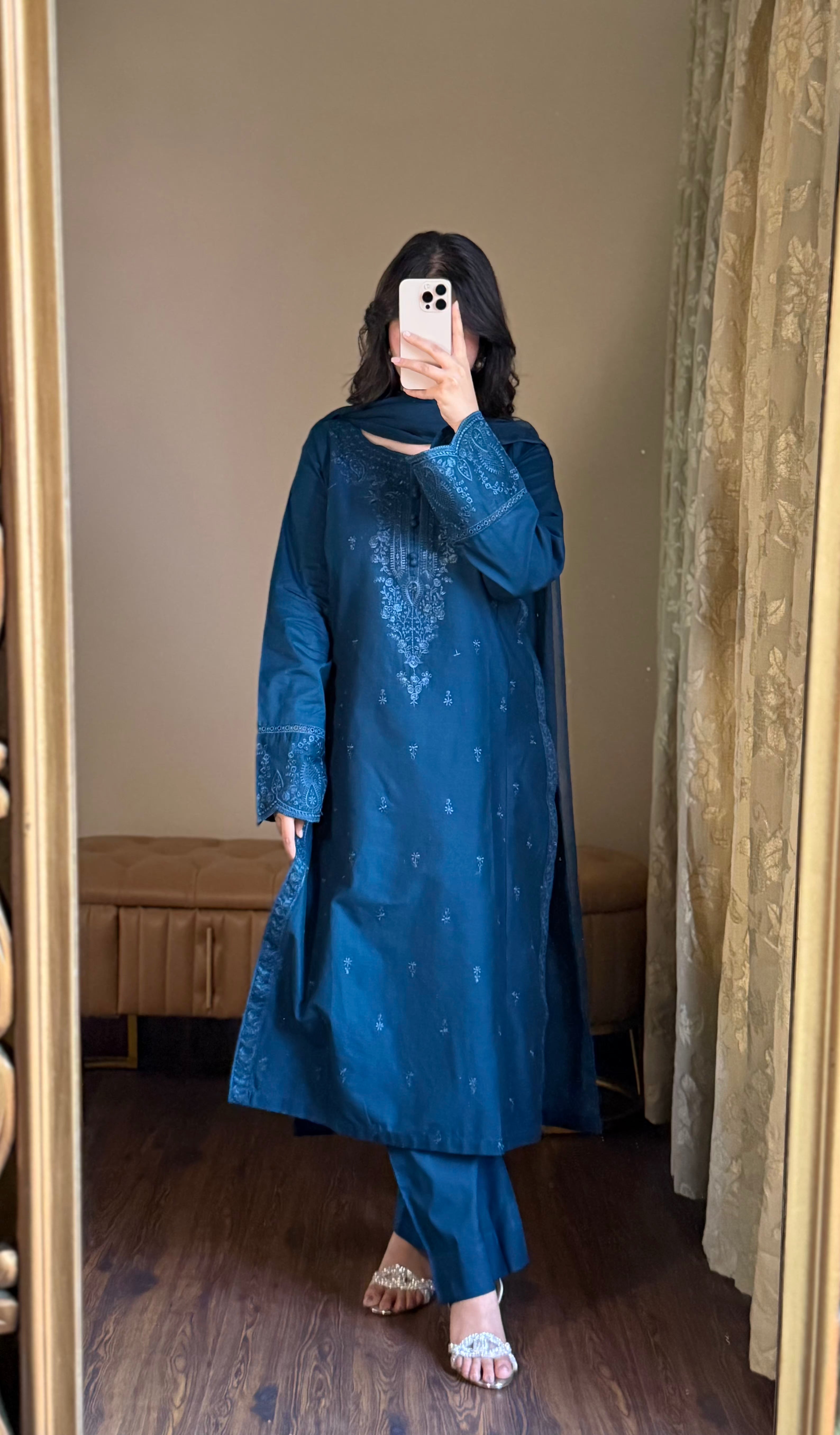 3 Piece - Blue  Embroidered Dress