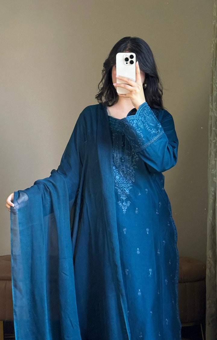 3 Piece - Blue  Embroidered Dress