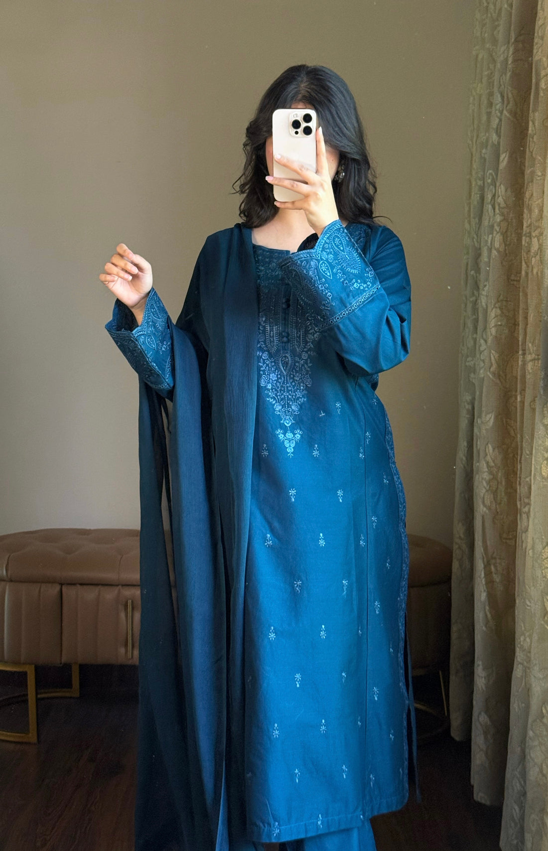 3 Piece - Blue  Embroidered Dress