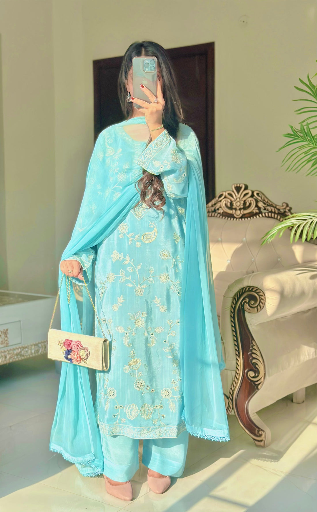 3 Piece - Ice Blue Embroidered Dress
