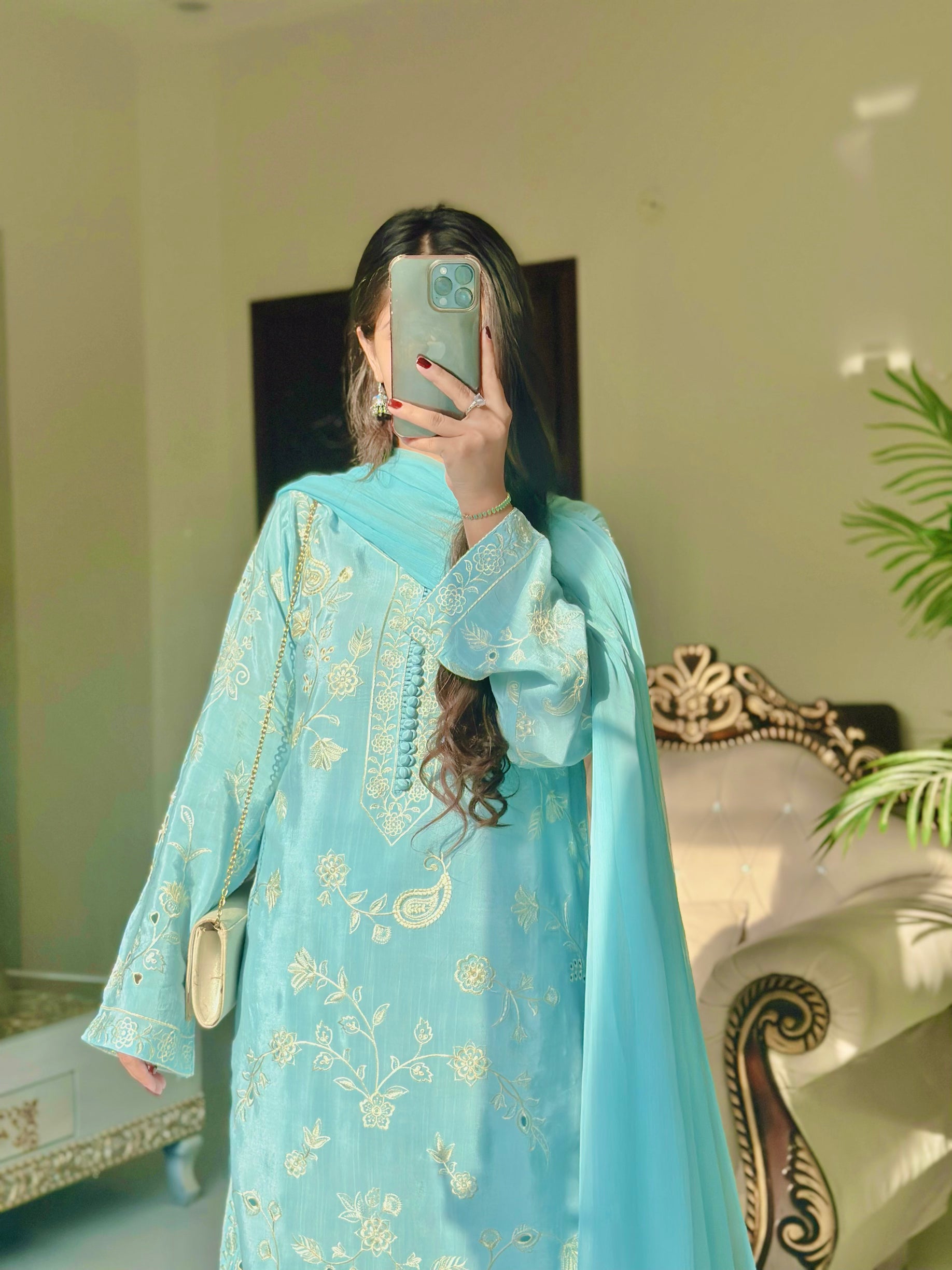 3 Piece - Ice Blue Embroidered Dress