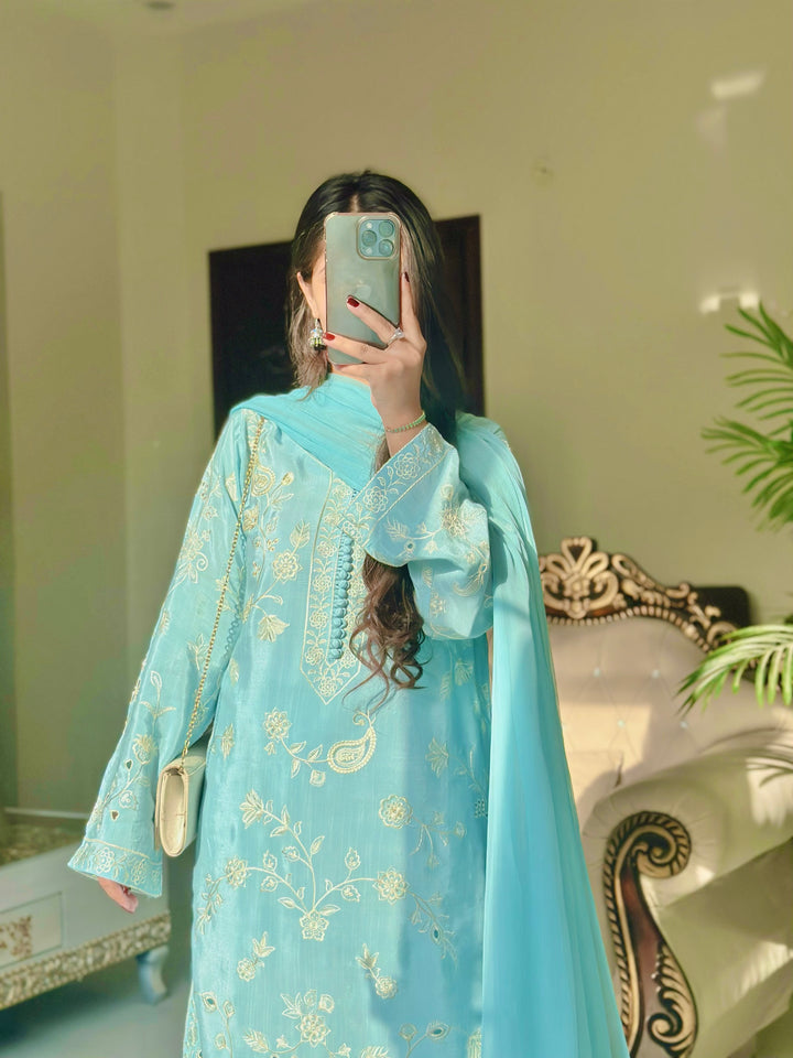 3 Piece - Ice Blue Embroidered Dress
