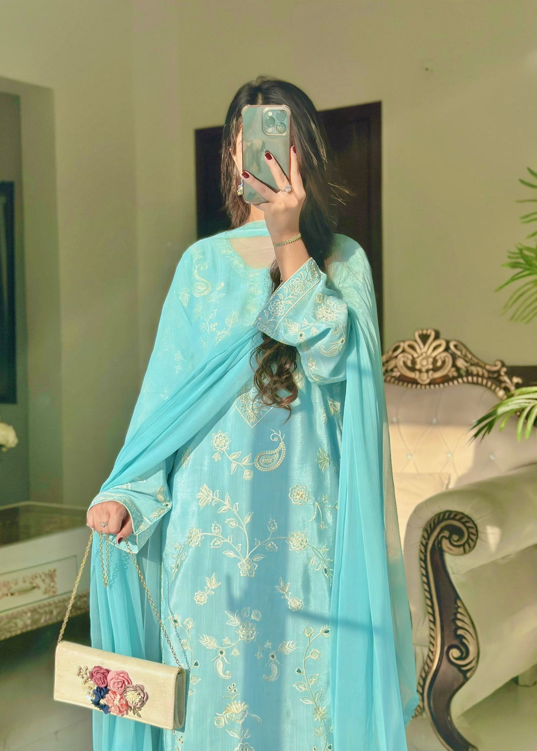 3 Piece - Ice Blue Embroidered Dress