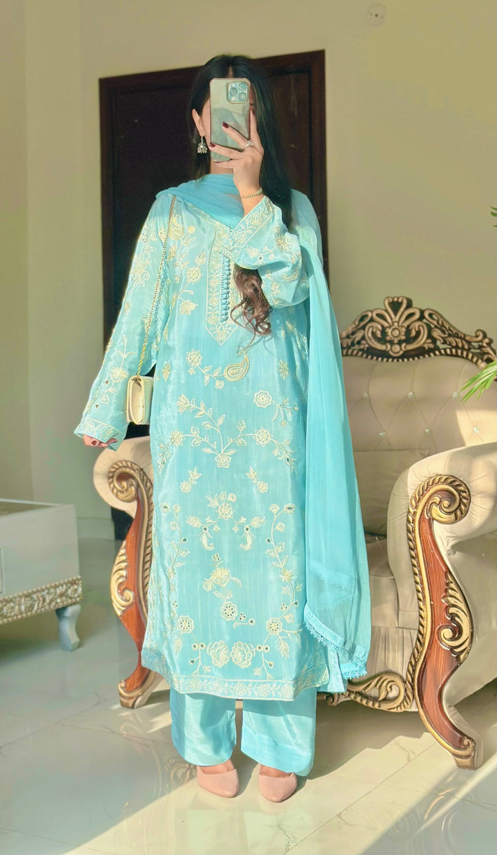 3 Piece - Ice Blue Embroidered Dress