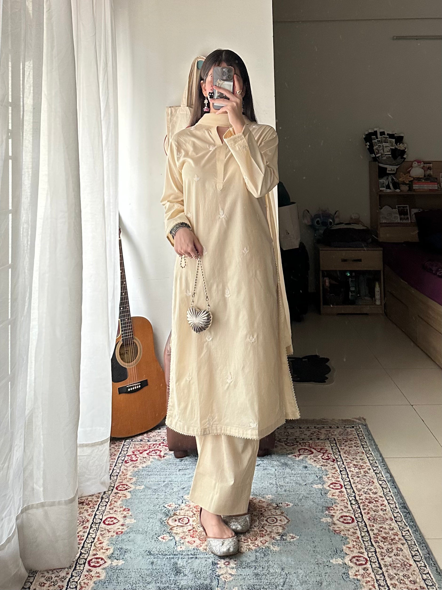 3 Piece - Beige Embroidered Dress