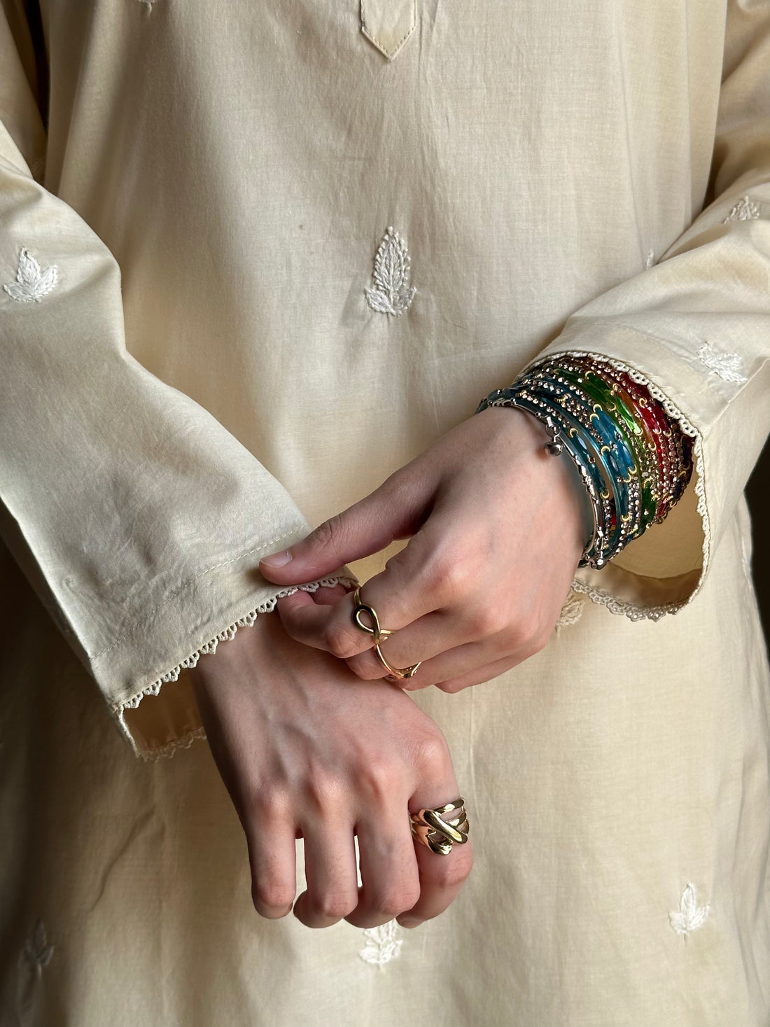 3 Piece - Beige Embroidered Dress