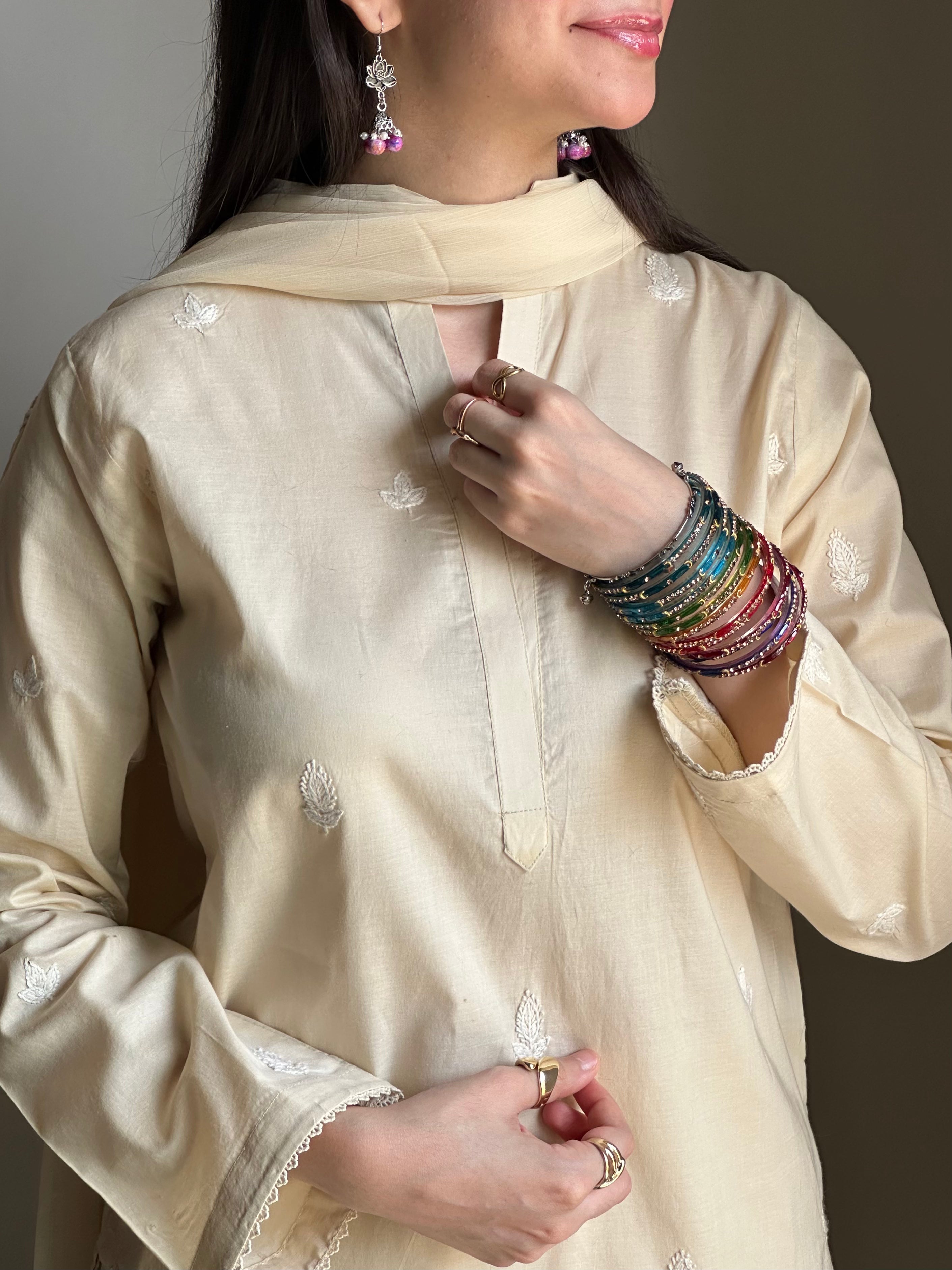 3 Piece - Beige Embroidered Dress