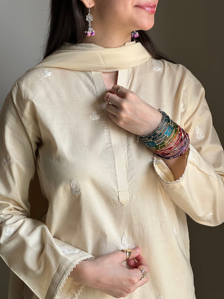 3 Piece - Beige Embroidered Dress