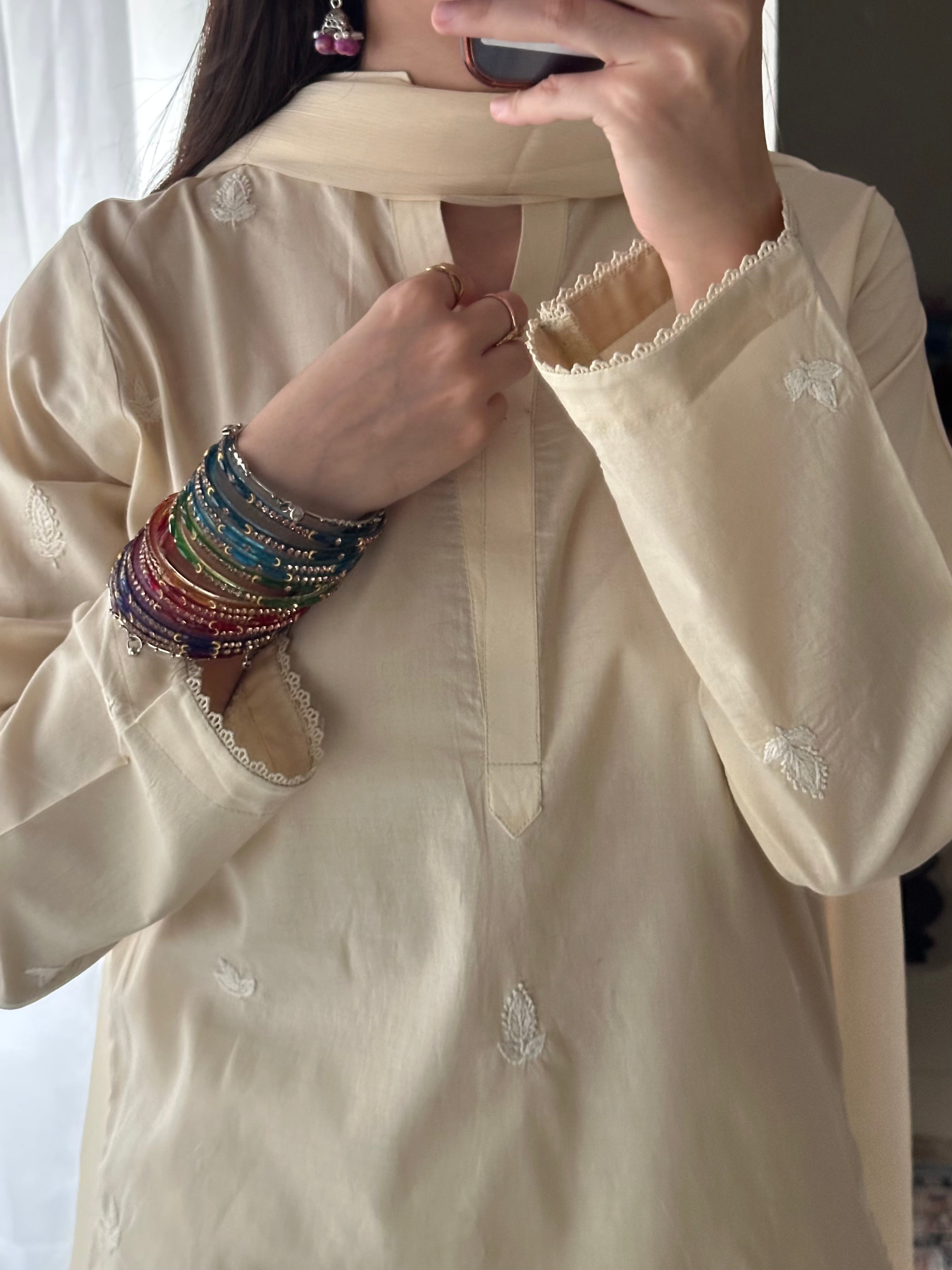 3 Piece - Beige Embroidered Dress