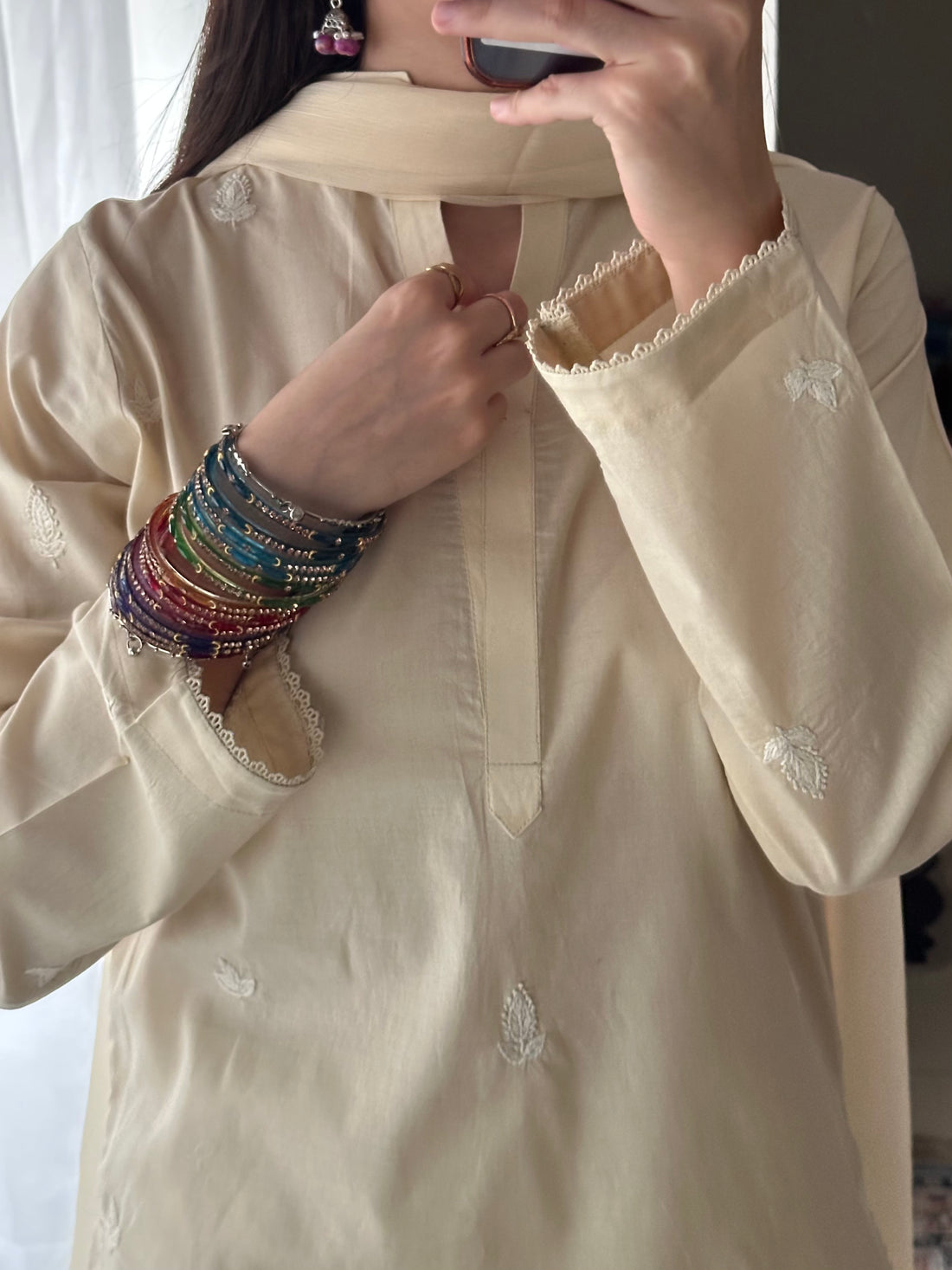 3 Piece - Beige Embroidered Dress