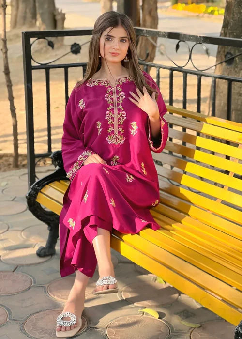 Magenta 2-Piece Embroidered Stitched Suit for Women