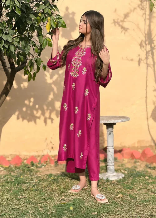 Magenta 2-Piece Embroidered Stitched Suit for Women