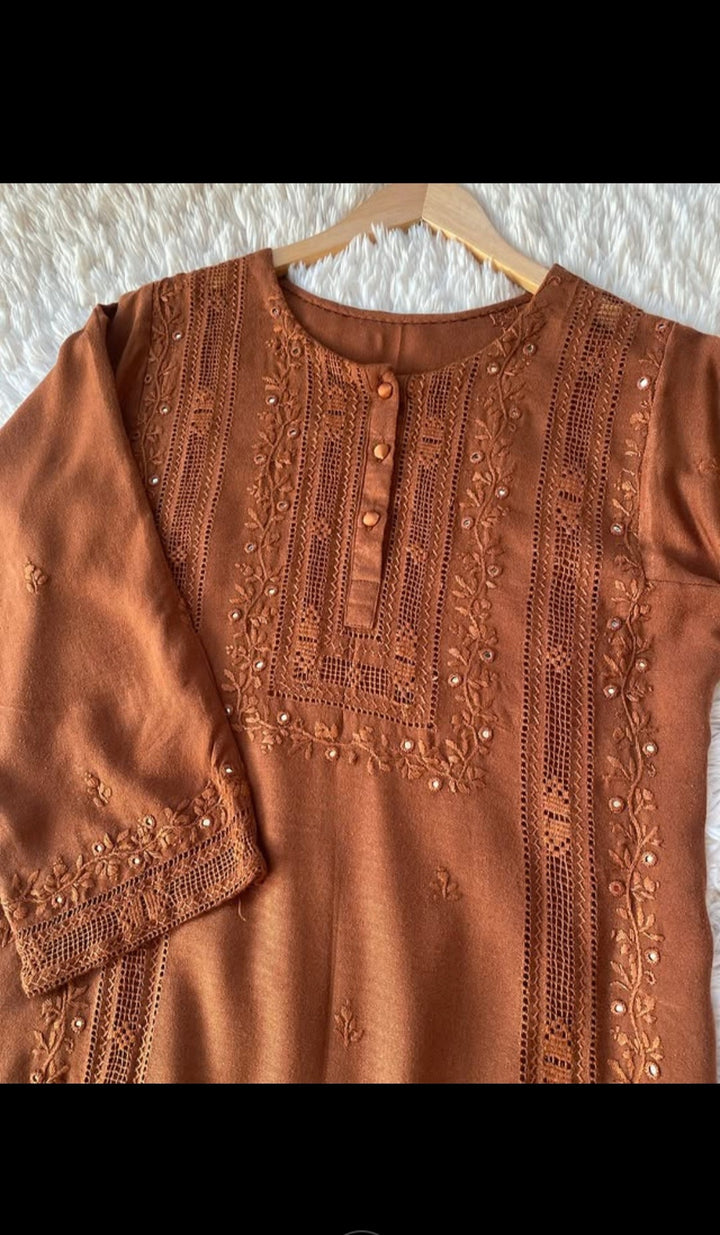 3 Piece - Rustic Brown Embroidered tarkashi Dress