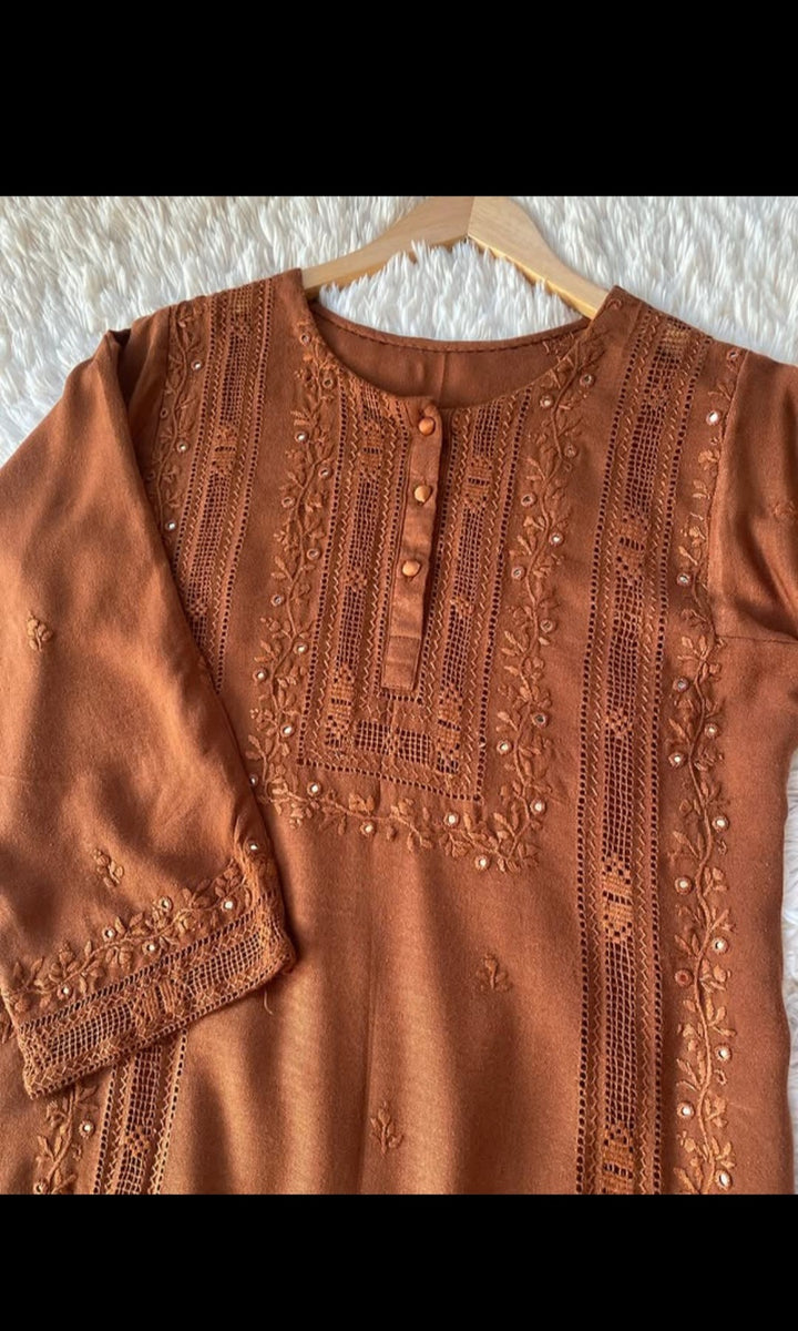 3 Piece - Rustic Brown Embroidered tarkashi Dress