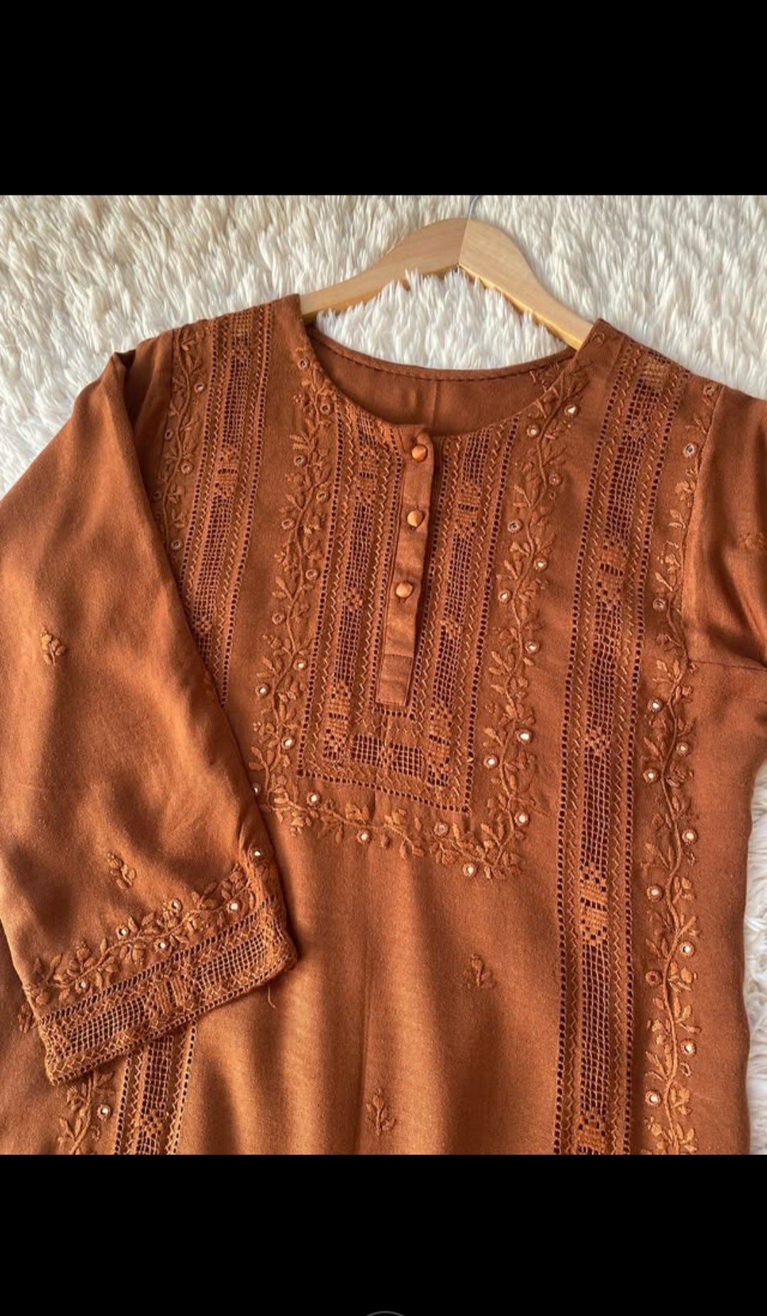 3 Piece - Rustic Brown Embroidered tarkashi Dress