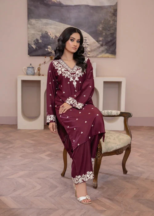 Rose Plum Embroidered 2-Piece Stitched Suit for Women